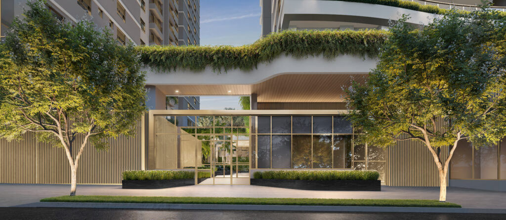 Acesso residencial do Le Six Residences pela Rua Cubatão. Perspectiva ilustrada