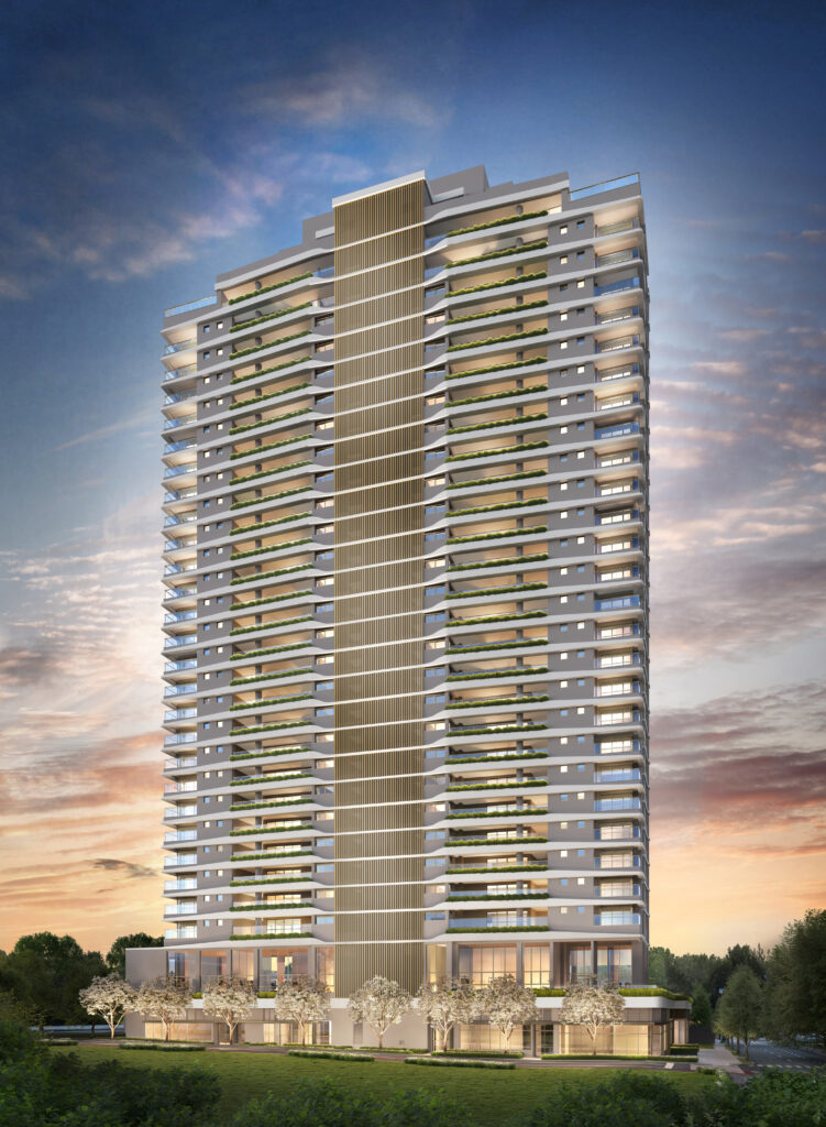 Fachada da Torre 1 do Le Six Residences. Perspectiva ilustrada