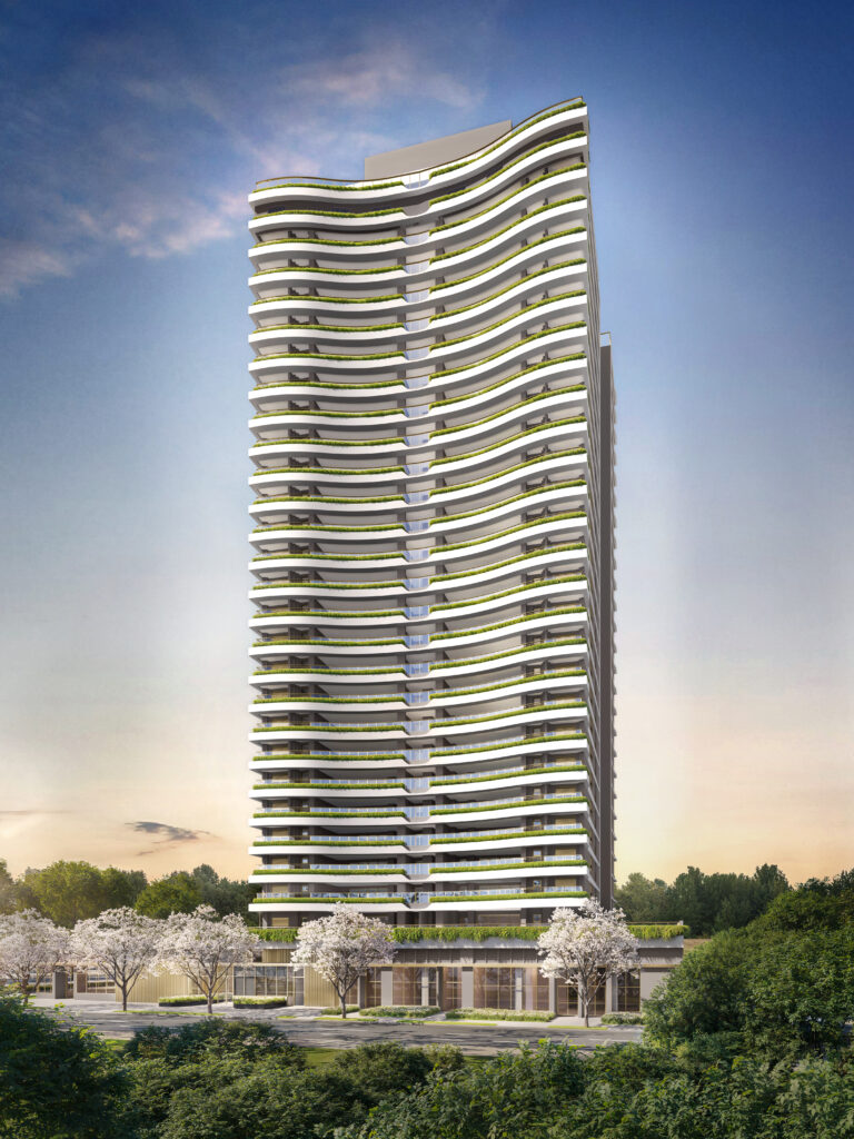 Fachada da Torre 2 do Le Six Residences, com terraços curvos e jardineiras. Perspectiva ilustrada