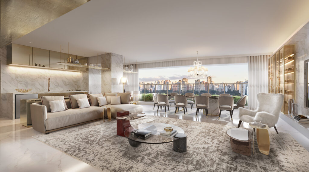 Living de apartamento do Le Six Residences. Perspectiva ilustrada