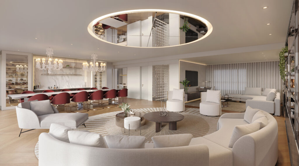 Living ampliado de apartamento do Le Six Residences. Perspectiva ilustrada