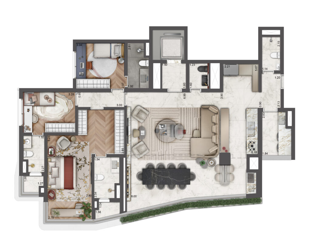 Planta opção decorado de 156,30 m² do Le Six Residences, com 3 suítes. Planta ilustrada