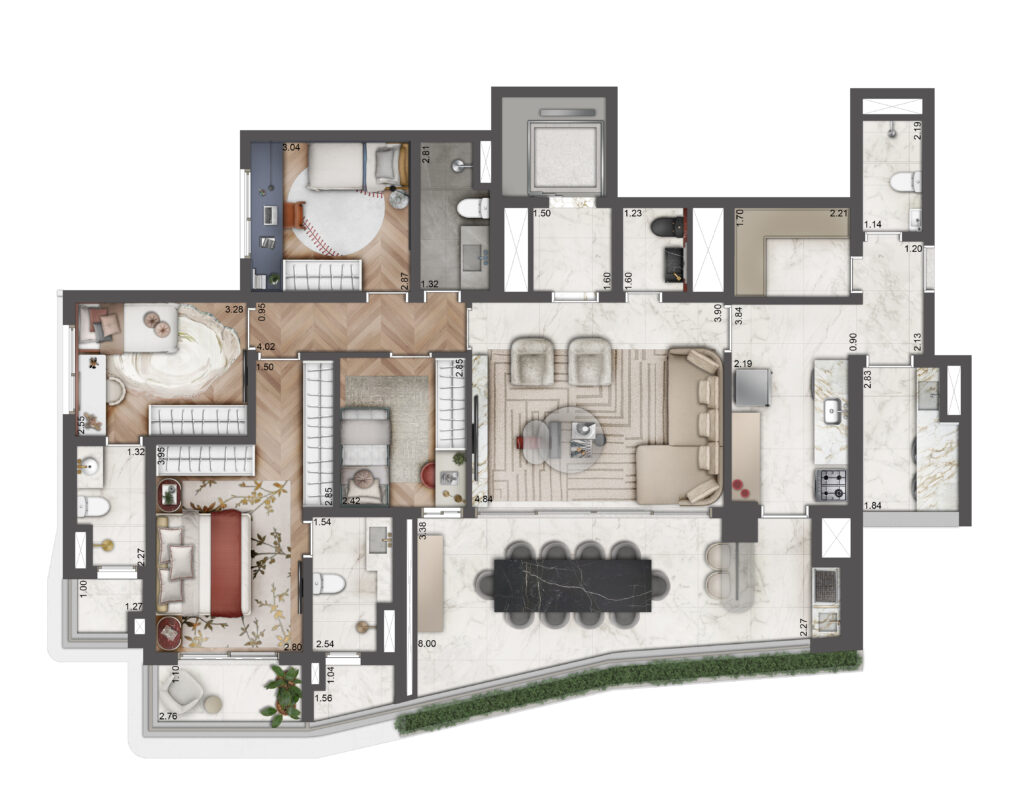 Planta tipo de 156,30 m² do Le Six Residences, final 3, com 4 dormitórios. Planta ilustrada