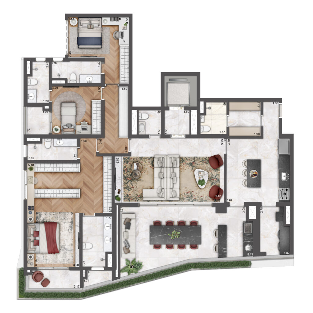 Planta opção de 203,38 m² do Le Six Residences. Planta ilustrada