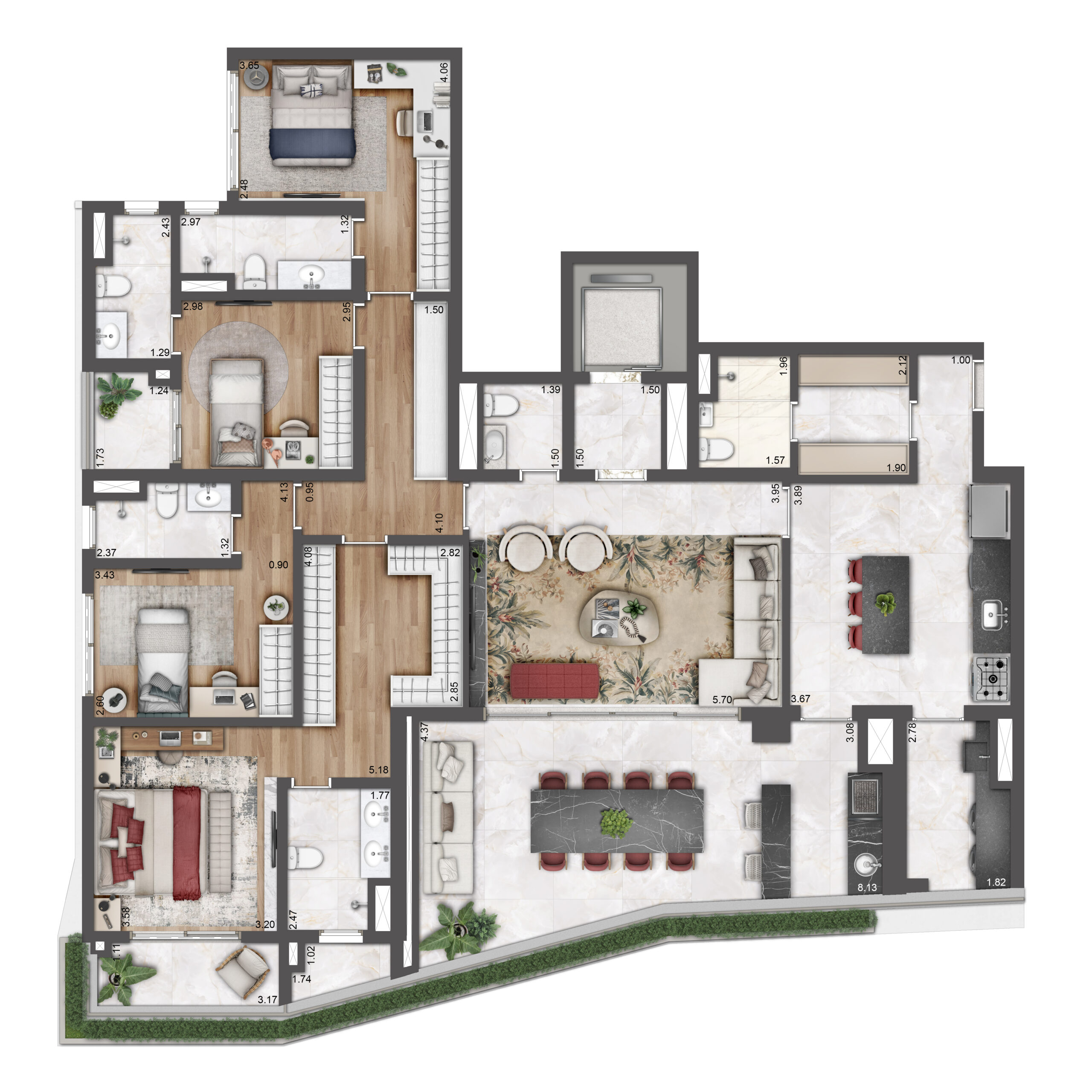 Planta Do Le Six Residences: Planta Tipo De 203,38 M², Final 1, Com 4 Suítes. Sugestão De Decoração.