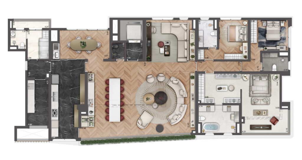 Planta opção decorado de 264 m² do Le Six Residences. Planta ilustrada