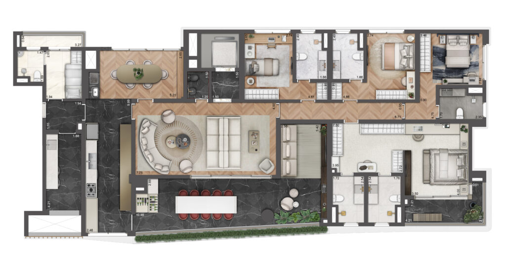 Planta tipo de 264 m² do Le Six Residences, com 4 suítes. Planta ilustrada