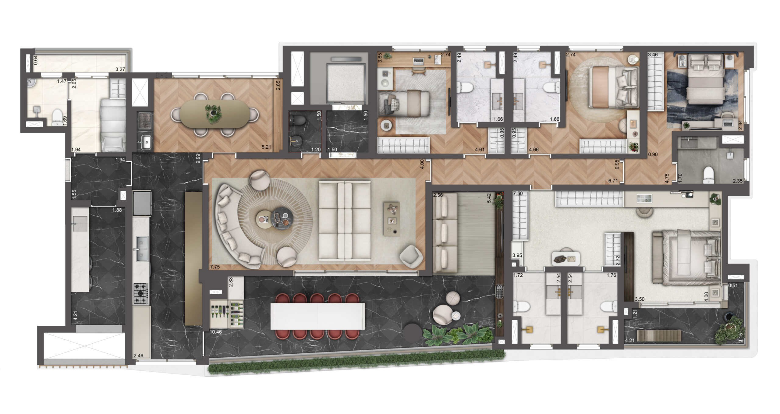Planta Do Le Six Residences: Planta Tipo De 264,90 M², Final 1, Torre 1, Com 4 Suítes. Sugestão De Decoração.