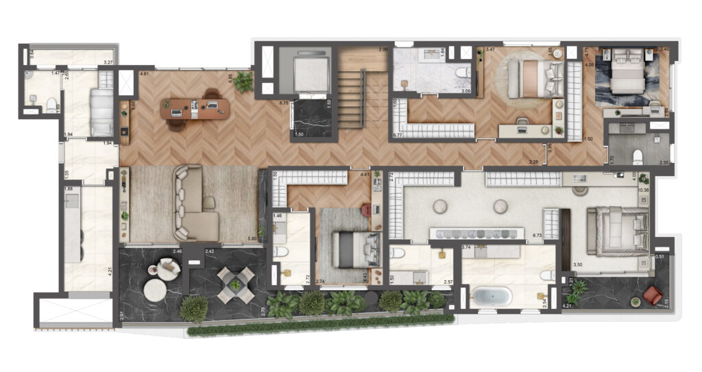 Planta do pavimento inferior do duplex de 520,93 m² do Le Six Residences. Planta ilustrada