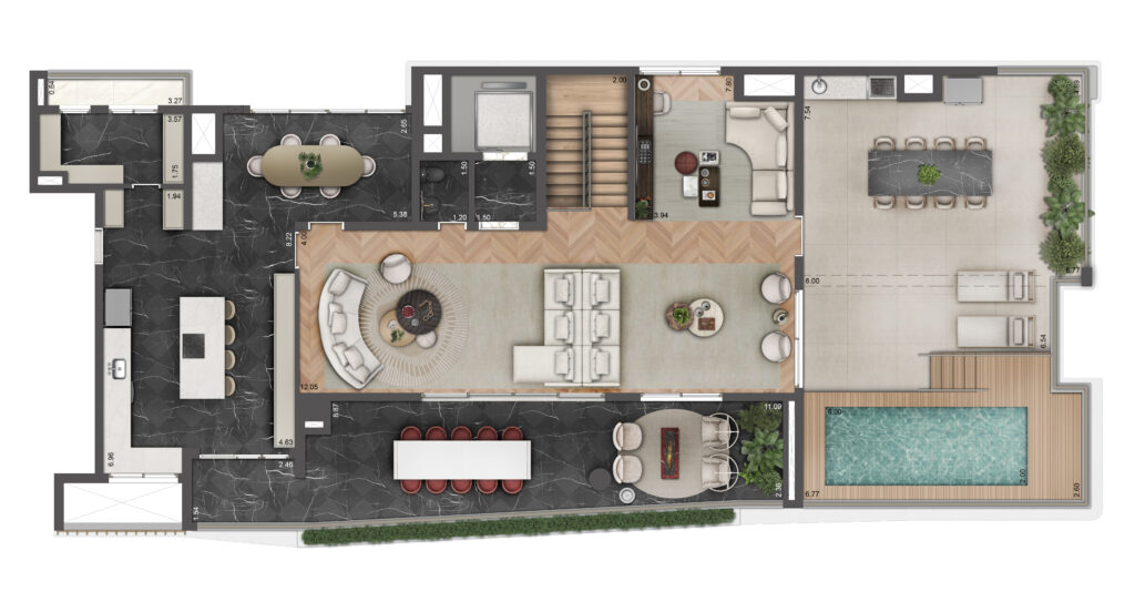 Planta do pavimento superior do duplex de 520,93 m² do Le Six Residences. Planta ilustrada