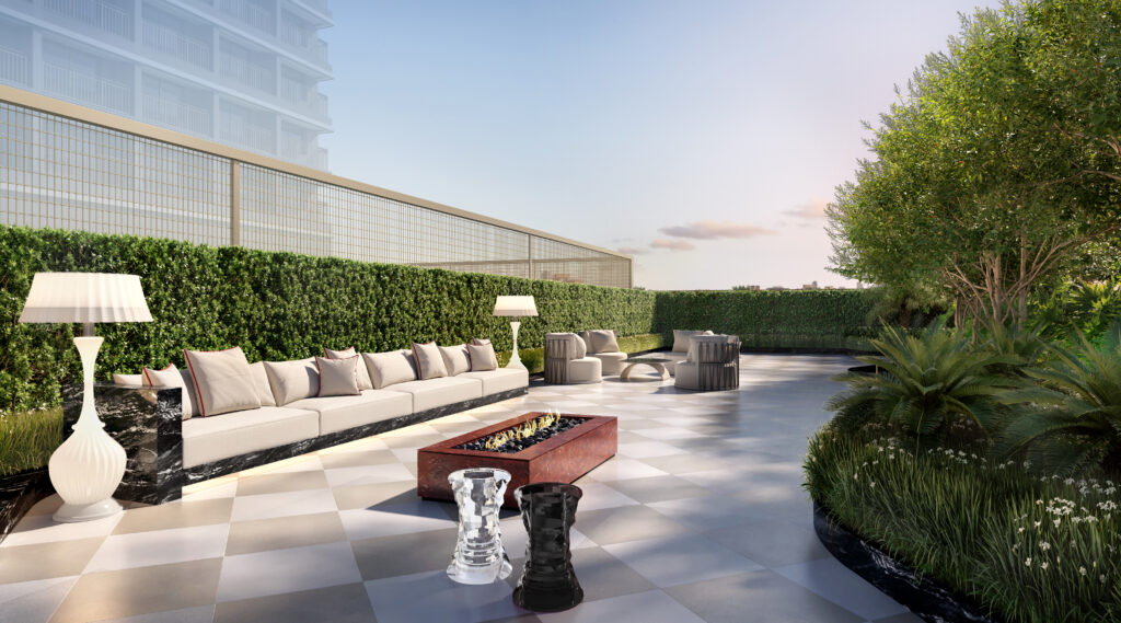 Praça central do Le Six Residences, com lareira externa. Perspectiva ilustrada